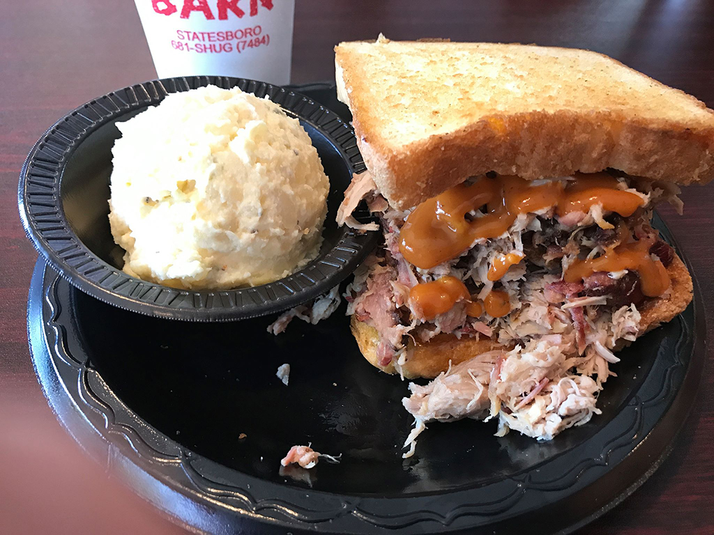 Uncle Shug's BBQ Sandwich served with mashed potato's.