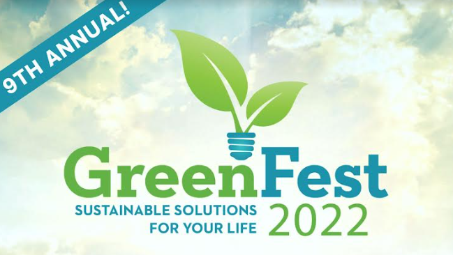 Promotional poster for the 9th Annual GreenFest 2022, featuring the tagline “Sustainable Solutions for Your Life.” The design includes a bright sky with soft clouds in the background, a stylized lightbulb with green leaves growing from it to symbolize sustainability, and bold green and blue text.