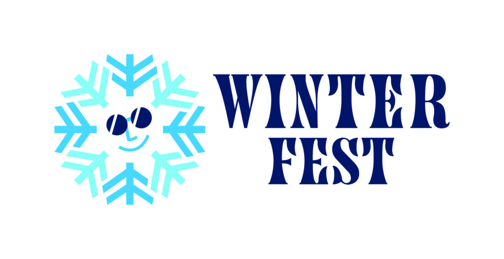 Logo for Winter Fest featuring a stylized blue snowflake with a smiling face wearing sunglasses on the left, and bold navy blue text reading 'Winter Fest' on the right. The design gives a fun and festive winter vibe.