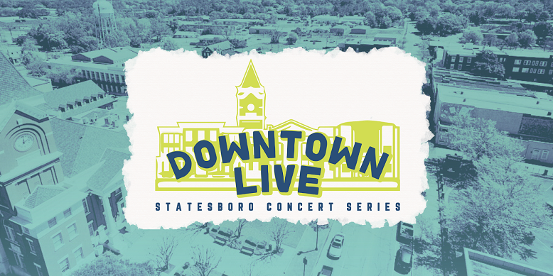 Promotional graphic for "Downtown Live: Statesboro Concert Series." The design features an illustrated skyline with a clock tower and buildings in lime green and navy blue, set against a torn-paper effect that reveals a tinted aerial view of downtown Statesboro in the background. The overall color palette includes teal, white, and chartreuse, creating a vibrant and energetic feel for the concert series.