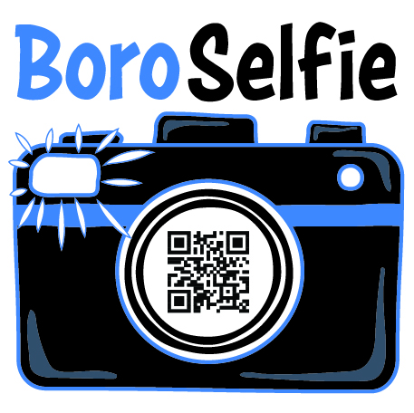Illustrated logo for the "Boro Selfie" trail featuring a stylized black and blue camera with a QR code in the lens area and the words "Boro Selfie" above it. A flash graphic is shown on the left side of the camera.