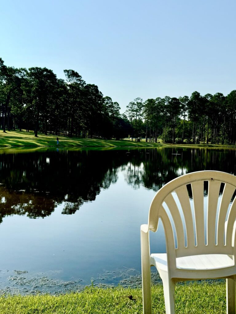 A serene view at Fletcher Memorial Park featuring a calm pond surrounded by trees, with their reflections mirrored on the water. A white plastic chair is positioned in the foreground, facing the pond, adding a sense of relaxation to the scene. The sunny, clear sky enhances the tranquil ambiance of the park.
