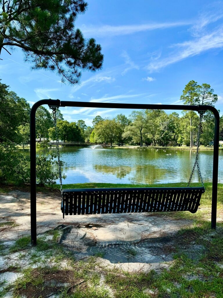 A peaceful view at Shelby Park featuring a black metal swing positioned on a natural stone surface overlooking a calm pond. The pond reflects the clear blue sky and surrounding greenery, with a fountain adding a dynamic element to the tranquil scene. The shaded area under a large pine tree offers a serene spot to relax and enjoy the park's natural beauty.