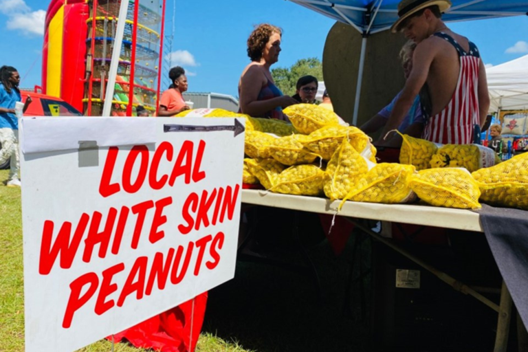 A vibrant outdoor market scene showcasing a table filled with yellow mesh bags of 'Local White Skin Peanuts.' A large sign with bold red letters directs attention to the table. Behind the table, people interact under a blue canopy on a sunny day. A red and yellow inflatable structure is visible in the background, adding to the festive atmosphere of the event.