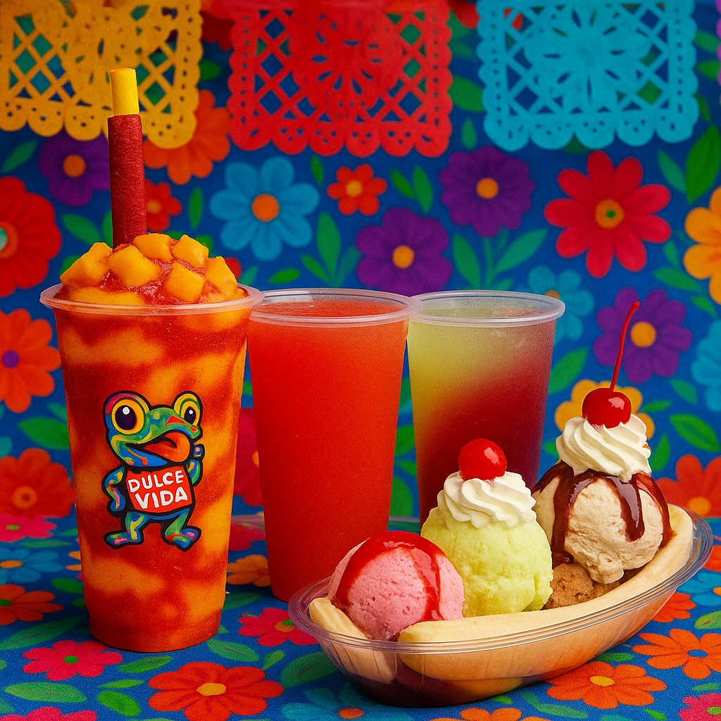 A colorful promotional photo for Dulce Vida Creamery and Snacks featuring a tall mangonada-style fruit drink topped with mango and chamoy, two cups of refreshing aguas frescas, and a banana split with scoops of ice cream, whipped cream, and cherries, all set against a vibrant floral backdrop that highlights the shop’s bright, festive style.