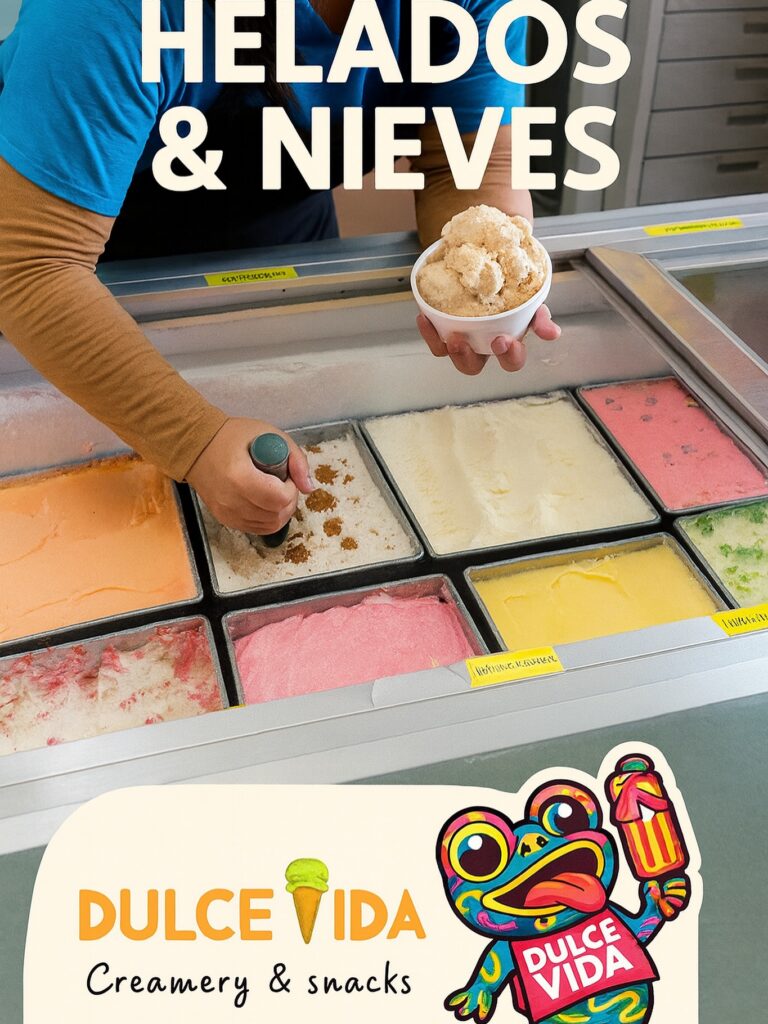 A promotional image for Dulce Vida Creamery and Snacks showing a staff member scooping ice cream and nieve flavors from a freezer case, holding a cup of creamy ice cream, with colorful frozen treats on display and text reading “Helados & Nieves,” highlighting the shop’s wide variety of frozen desserts.