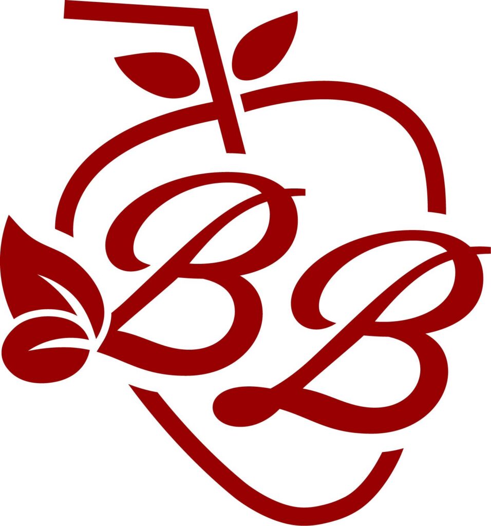 Blend and Brew logo featuring red stylized “B” lettering shaped with apple and leaf elements on a white background.